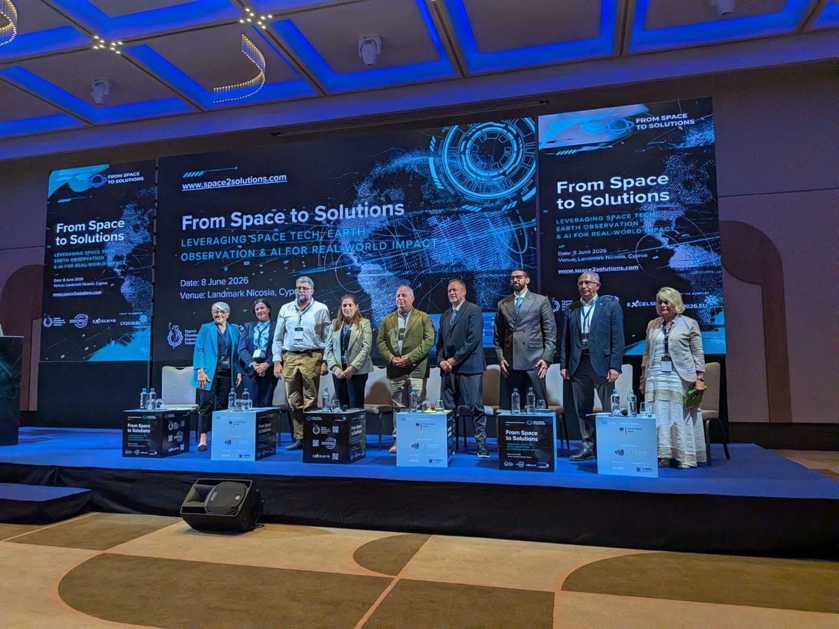 Panel speakers on stage at the From Space to Solutions forum, Nicosia